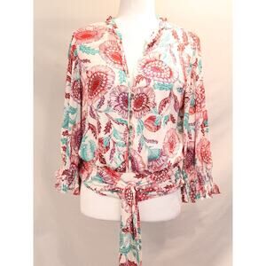 TugBoat By Anthropologie Saraya Tie Front Top size XS Floral 1/2 Button Popover